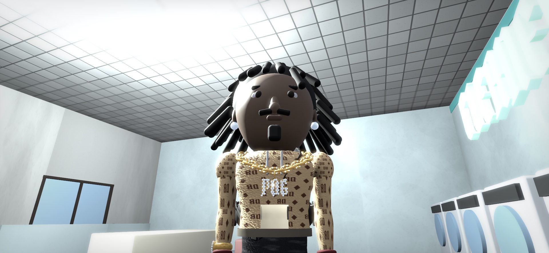 DaleBlock character close-up showing hairstyle, jewelry, and outfit