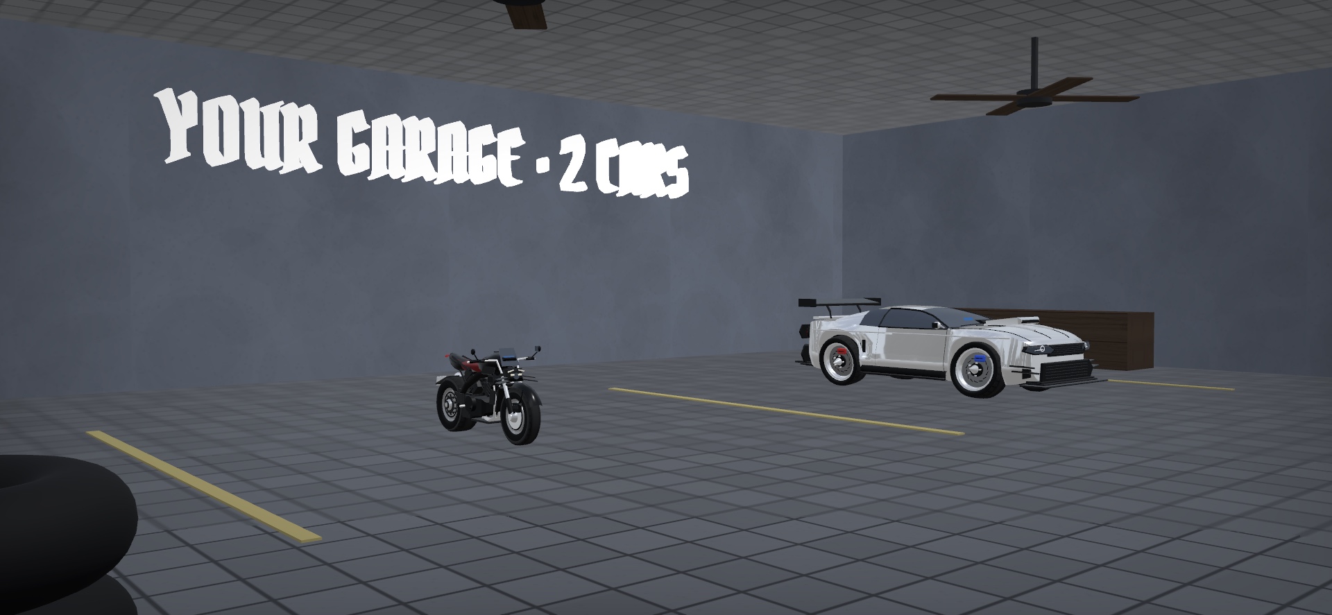 DaleBlock player garage with sports car and motorcycle