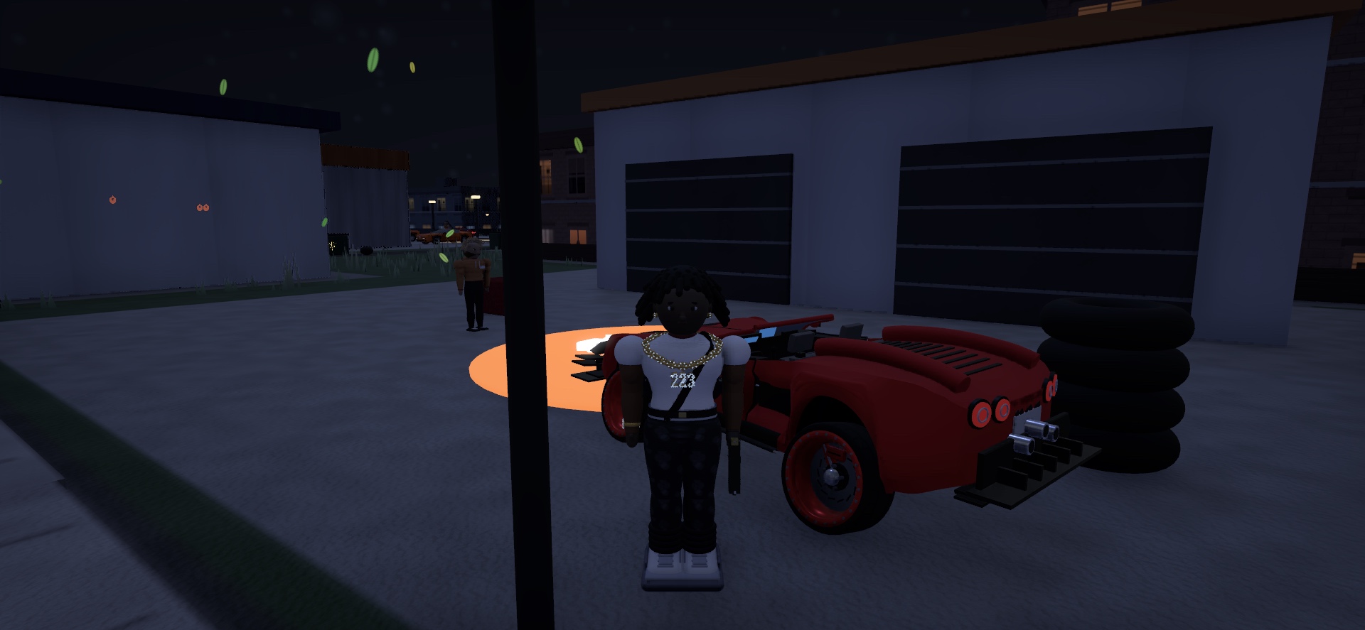 DaleBlock character standing beside a sports car outside a garage at night